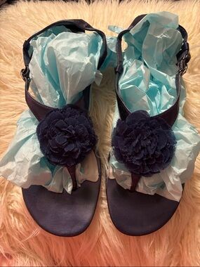 Montego Bay Club Navy Floral T-Strap Sandals